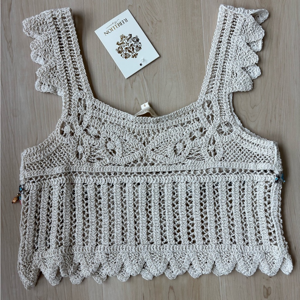 Crochet Ivory Beaded Boho Cropped Knit Tank Top - Picture 12 of 12